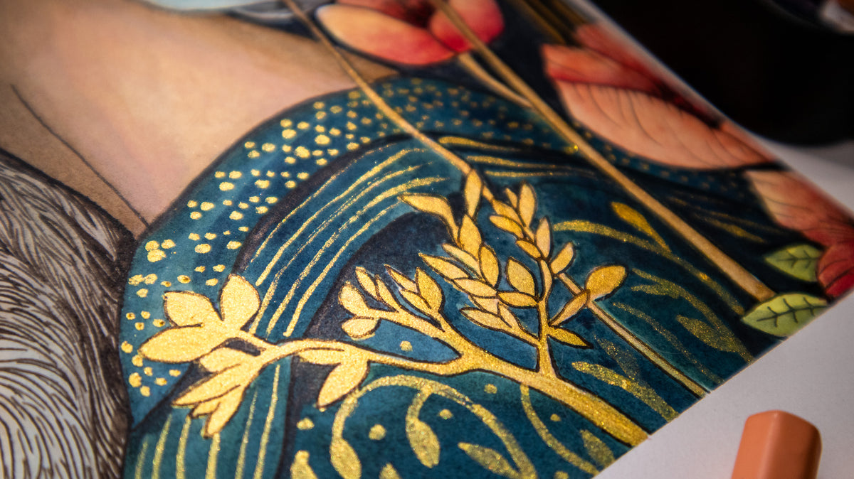 Original watercolor painting of a woman and a deer in a mystical golden forest, with metallic details – Golden Silence by The Wild Illustrator.
