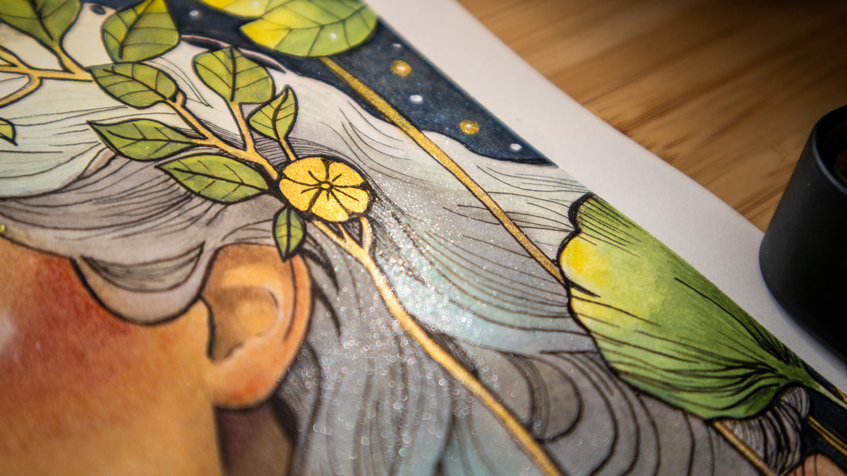 Original watercolor painting of a woman and a deer in a mystical golden forest, with metallic details – Golden Silence by The Wild Illustrator.