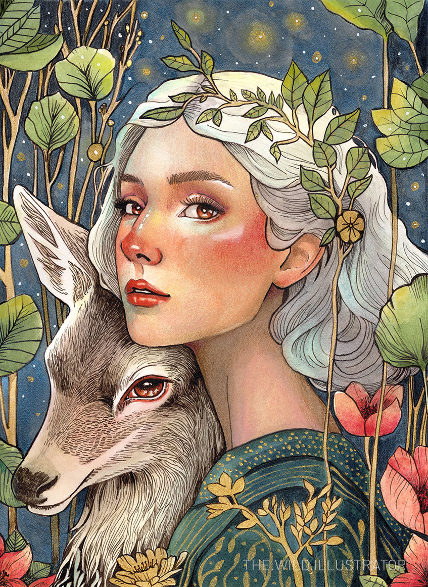 Original watercolor painting of a woman and a deer in a mystical golden forest, with metallic details – Golden Silence by The Wild Illustrator.
