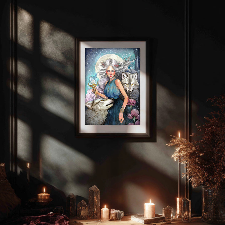 Hekate mystical goddess original watercolor painting displayed framed on wall