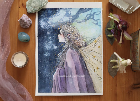 A hand-painted original watercolor painting of a glowing fairy with golden hair and wings, set against a dark background, symbolizing light and transformation.