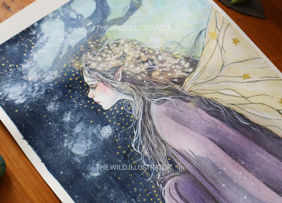 A hand-painted original watercolor painting of a glowing fairy with golden hair and wings, set against a dark background, symbolizing light and transformation.
