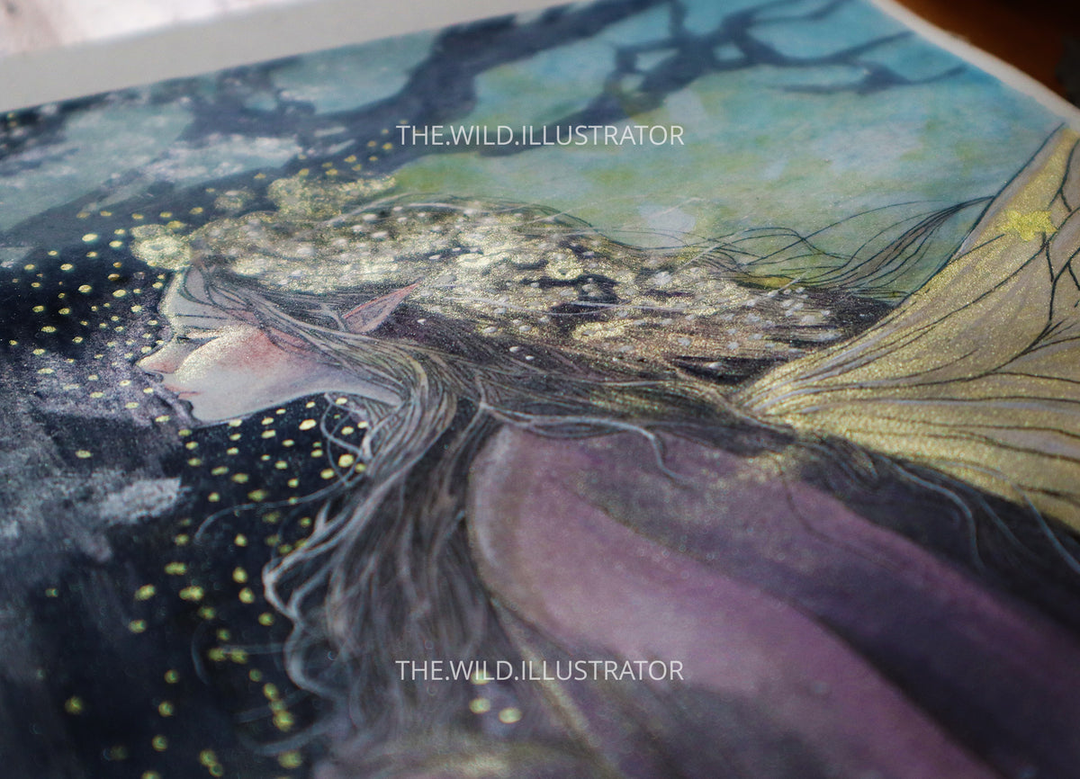 A hand-painted original watercolor painting of a glowing fairy with golden hair and wings, set against a dark background, symbolizing light and transformation.