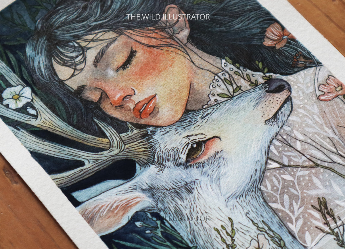 A hand-painted original artwork featuring a woman and a white stag, evoking a sacred connection with the wild.