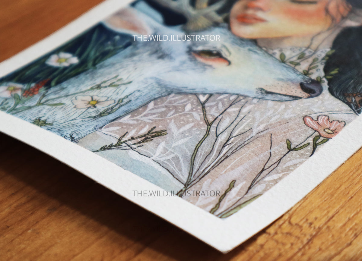 A delicate, ethereal illustration of a woman and a white deer in a dreamy forest setting, painted in soft watercolors.