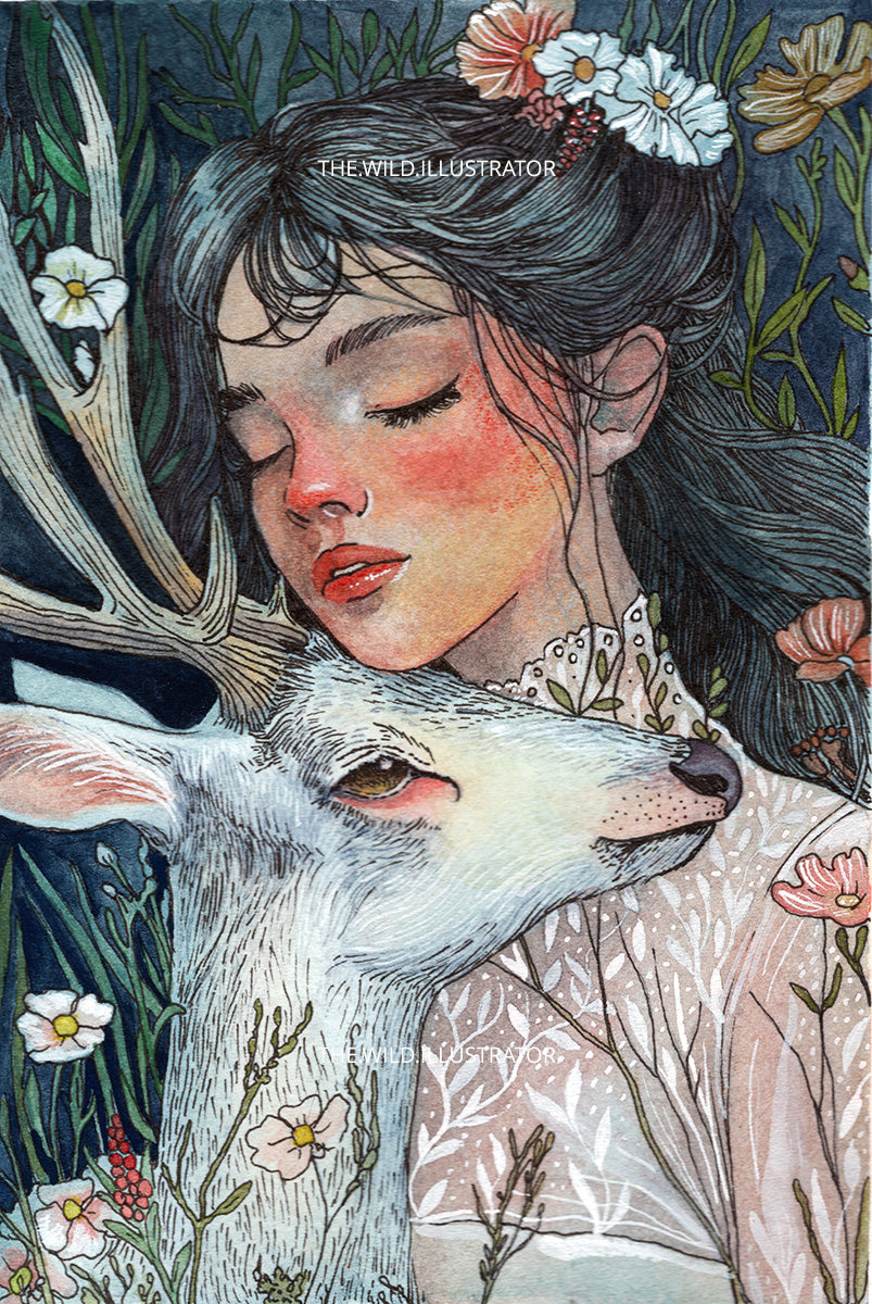 A mystical watercolor painting of a woman and a white deer, surrounded by wildflowers and foliage, symbolizing harmony with nature.