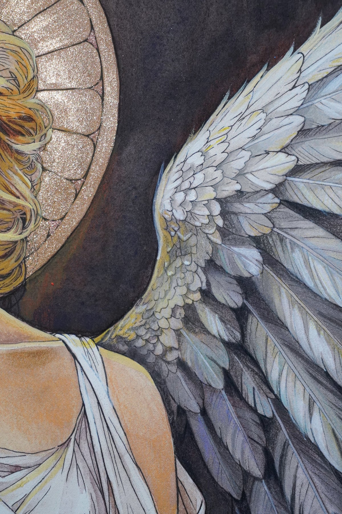 Close-up of the angel's layered white and gray feathers and halo in The Angel Who Stayed.