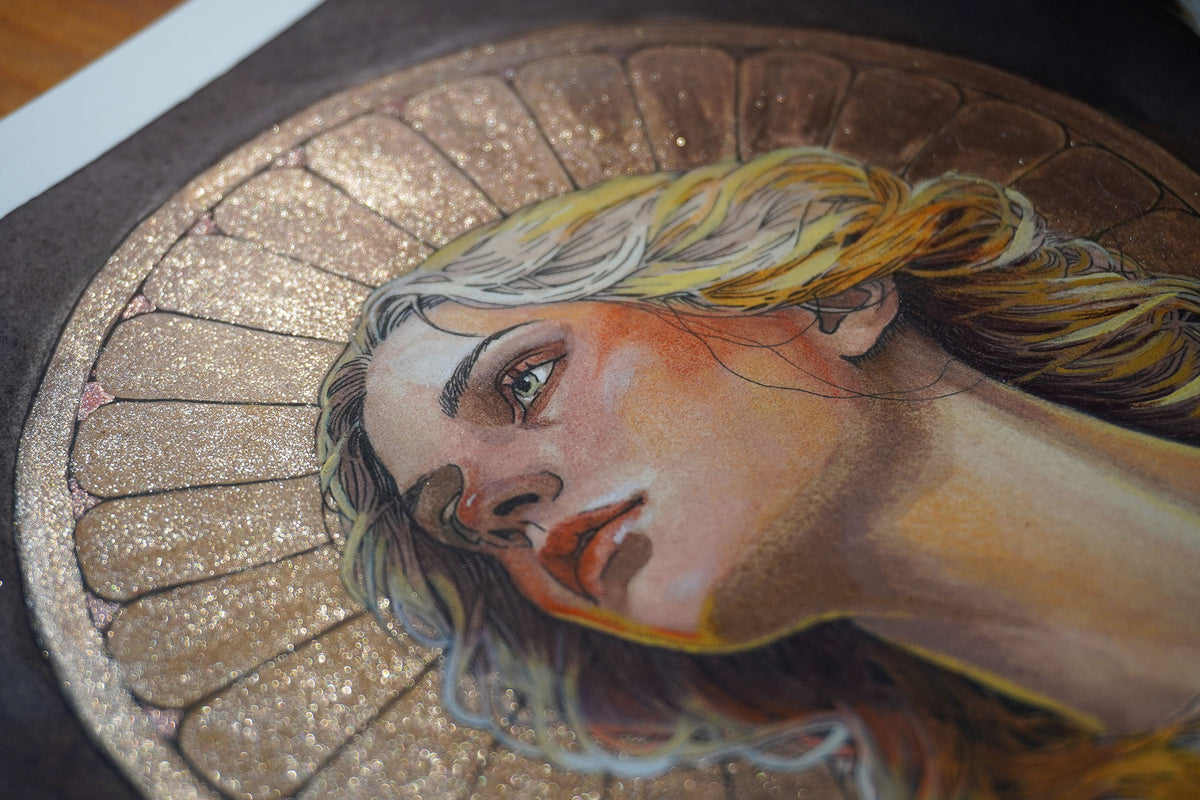 Close-up of the angel's face and circular halo in The Angel Who Stayed, showing delicate watercolor details.
