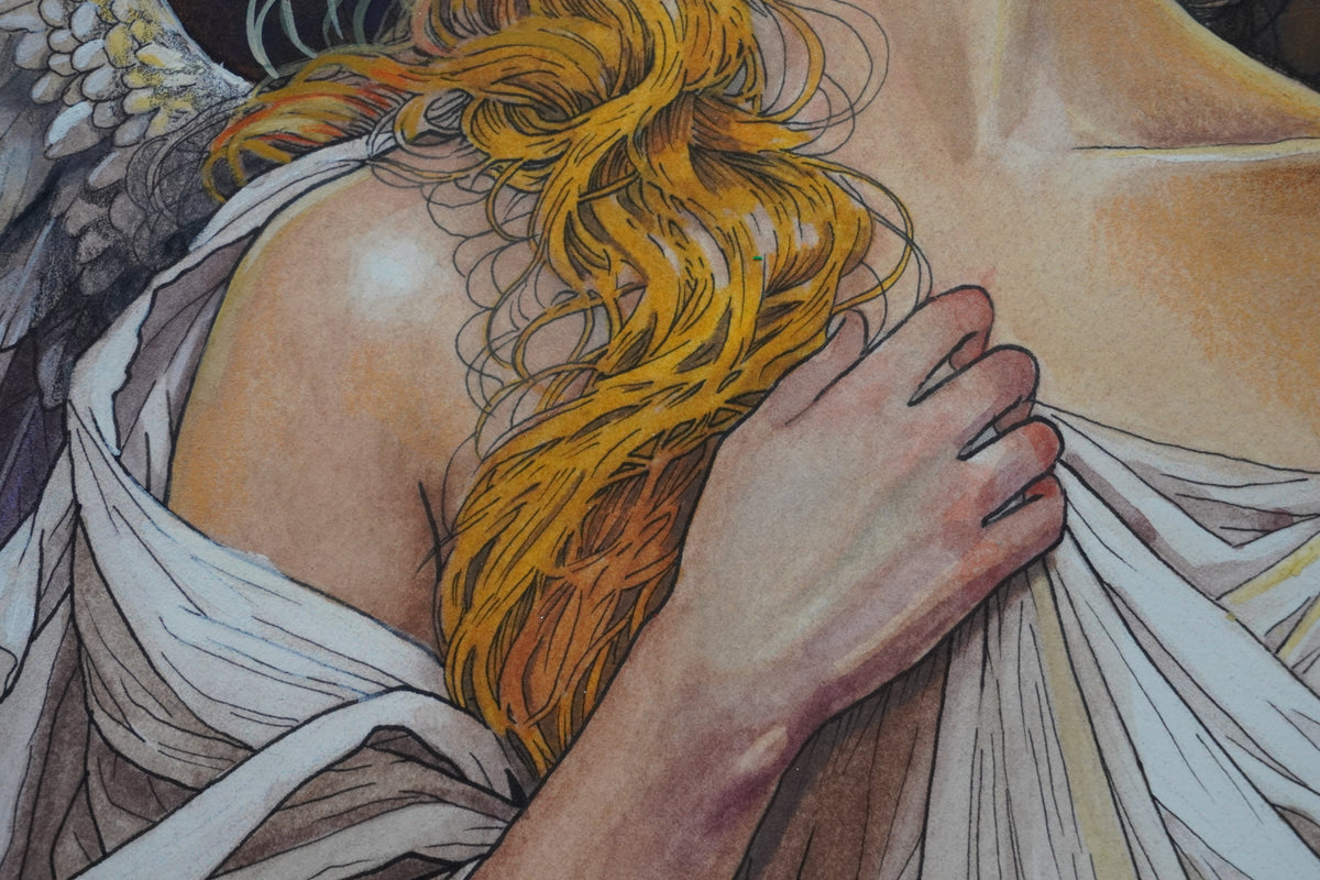 Detail of the angel's hand holding a golden lock of hair against flowing white fabric in The Angel Who Stayed.