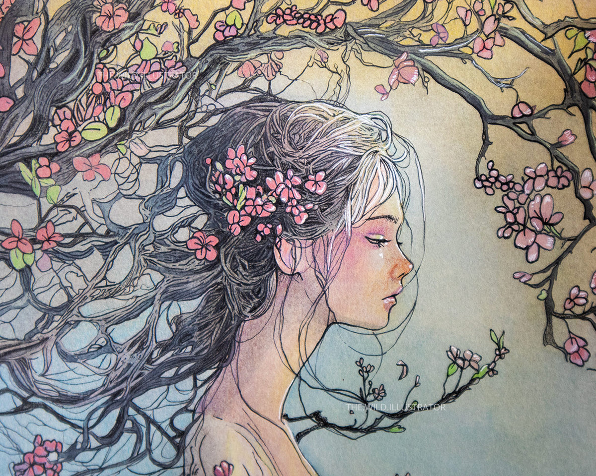 Original mixed media painting of a mystical woman emerging from a cherry blossom tree – The Sakura