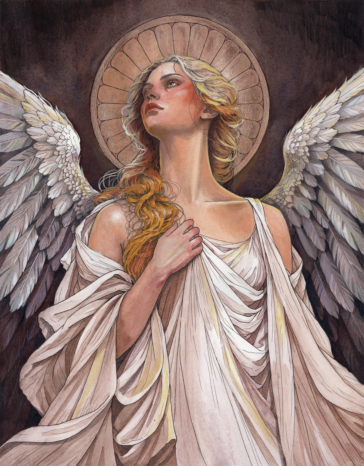 The Angel Who Stayed, original painting of a golden-haired angel with white wings, a circular halo and flowing white robes, by Manuela De Simone.