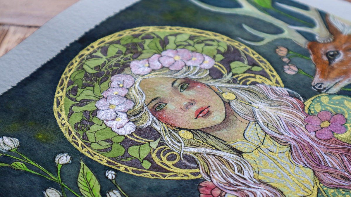 Via Interior original watercolor painting – symbolic female figure holding a lantern, surrounded by animals and dreamlike scenery.