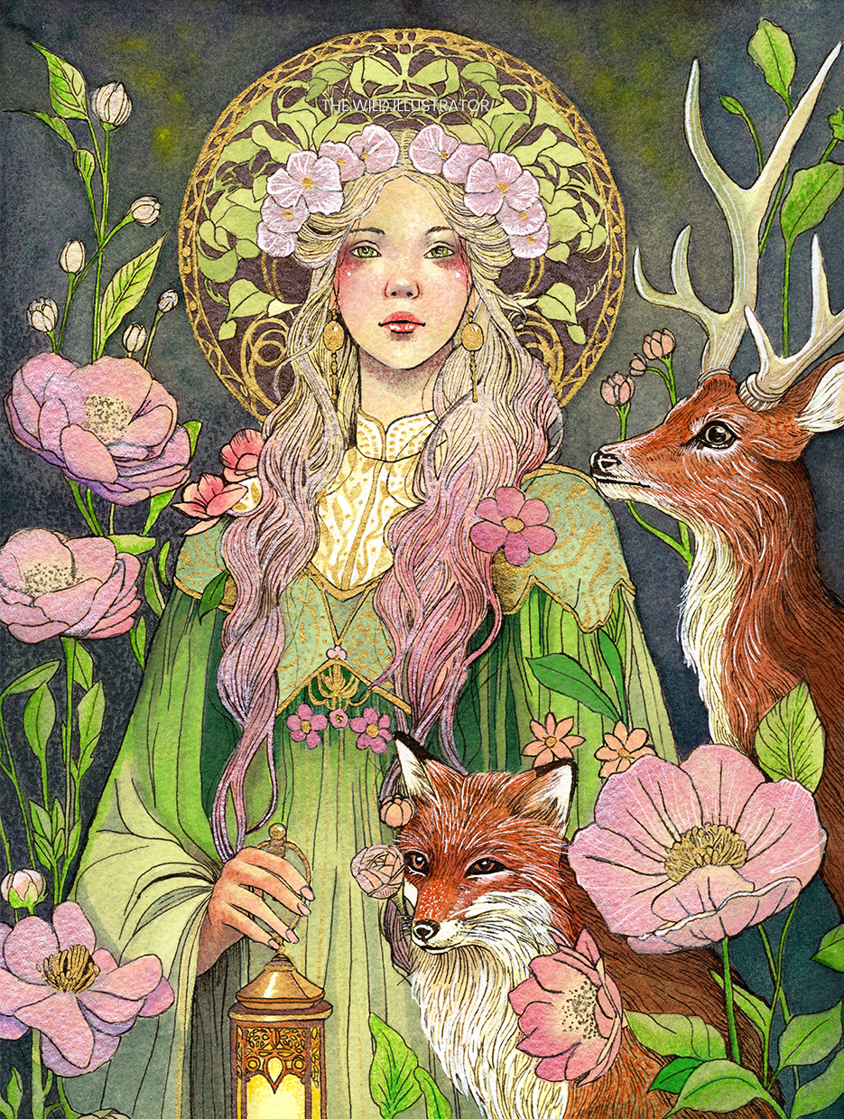 Via Interior original watercolor painting – symbolic femaVia Interior fine art print – dreamy female figure holding a lantern, surrounded by a fox, a deer, and floral elements in a symbolic forest.le figure holding a lantern, surrounded by animals and dreamlike scenery.